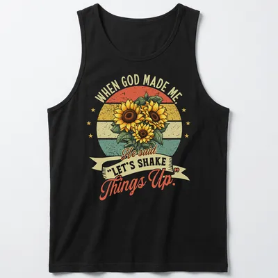 Vintage retro t-shirt featuring sunflowers and text about shaking things up. — printed on a tank top
