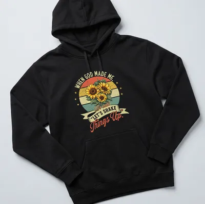 Vintage retro t-shirt featuring sunflowers and text about shaking things up. — printed on a unisex hoodie