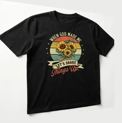 Vintage retro t-shirt featuring sunflowers and text about shaking things up. — printed on a unisex t-shirt (angled view)