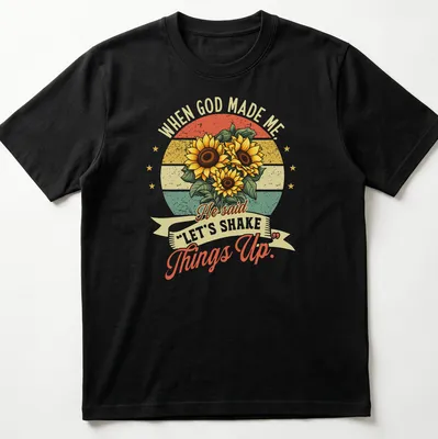 Vintage retro t-shirt featuring sunflowers and text about shaking things up.