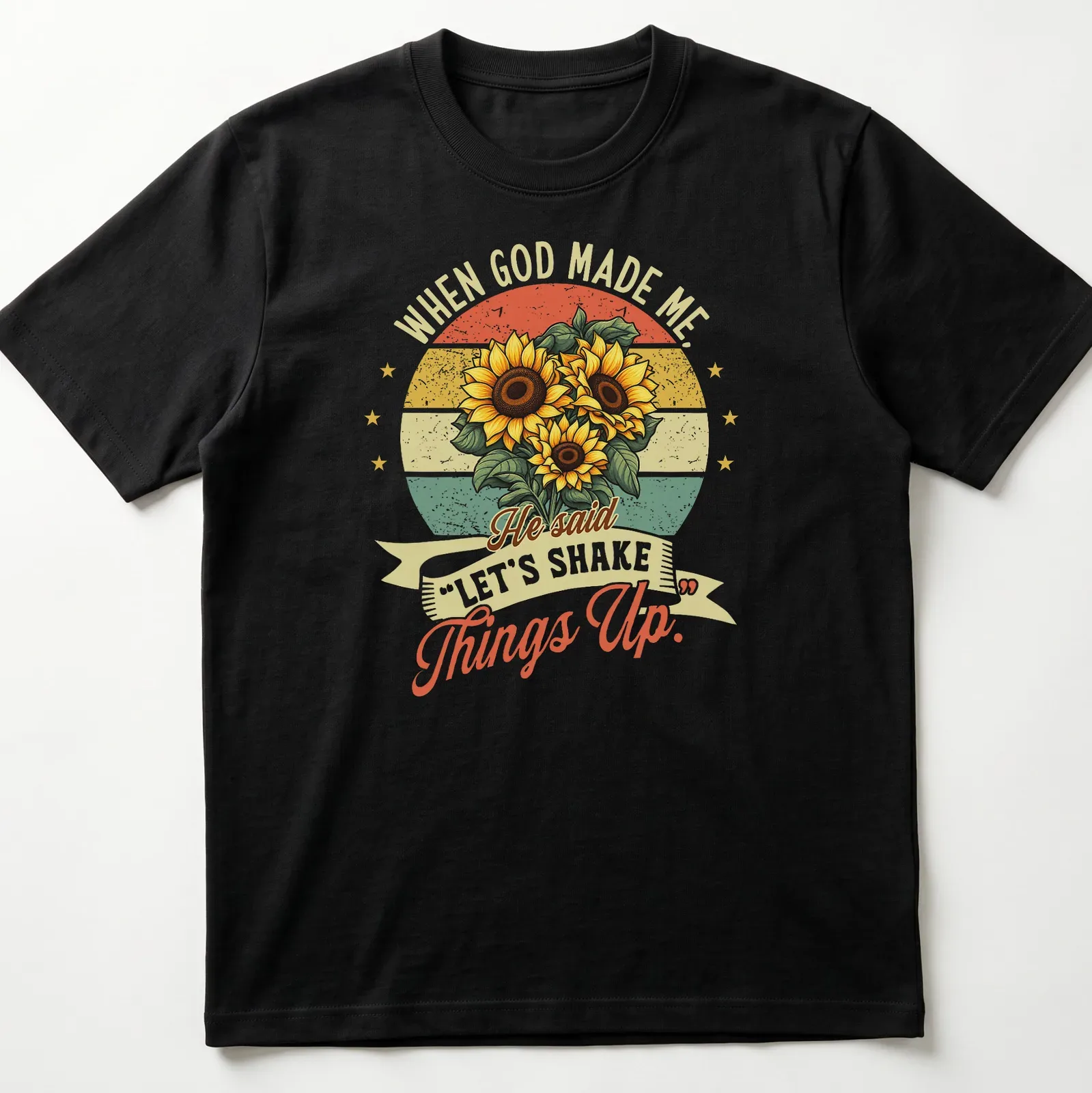 Vintage retro t-shirt featuring sunflowers and text about shaking things up. — printed on a unisex t-shirt