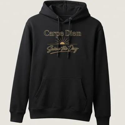 Elegant typography t-shirt with a golden sunrise and motivational text — printed on a unisex hoodie