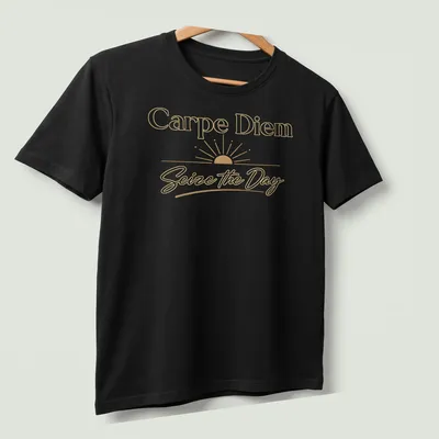 Elegant typography t-shirt with a golden sunrise and motivational text — printed on a unisex t-shirt (angled view)