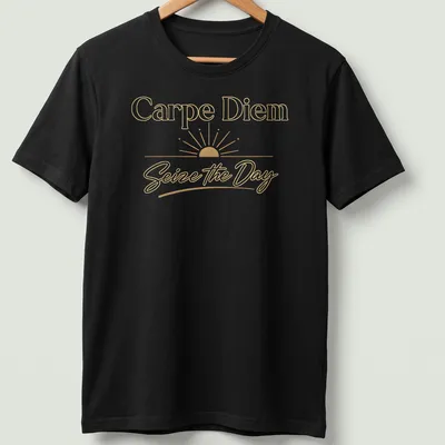 Elegant typography t-shirt with a golden sunrise and motivational text