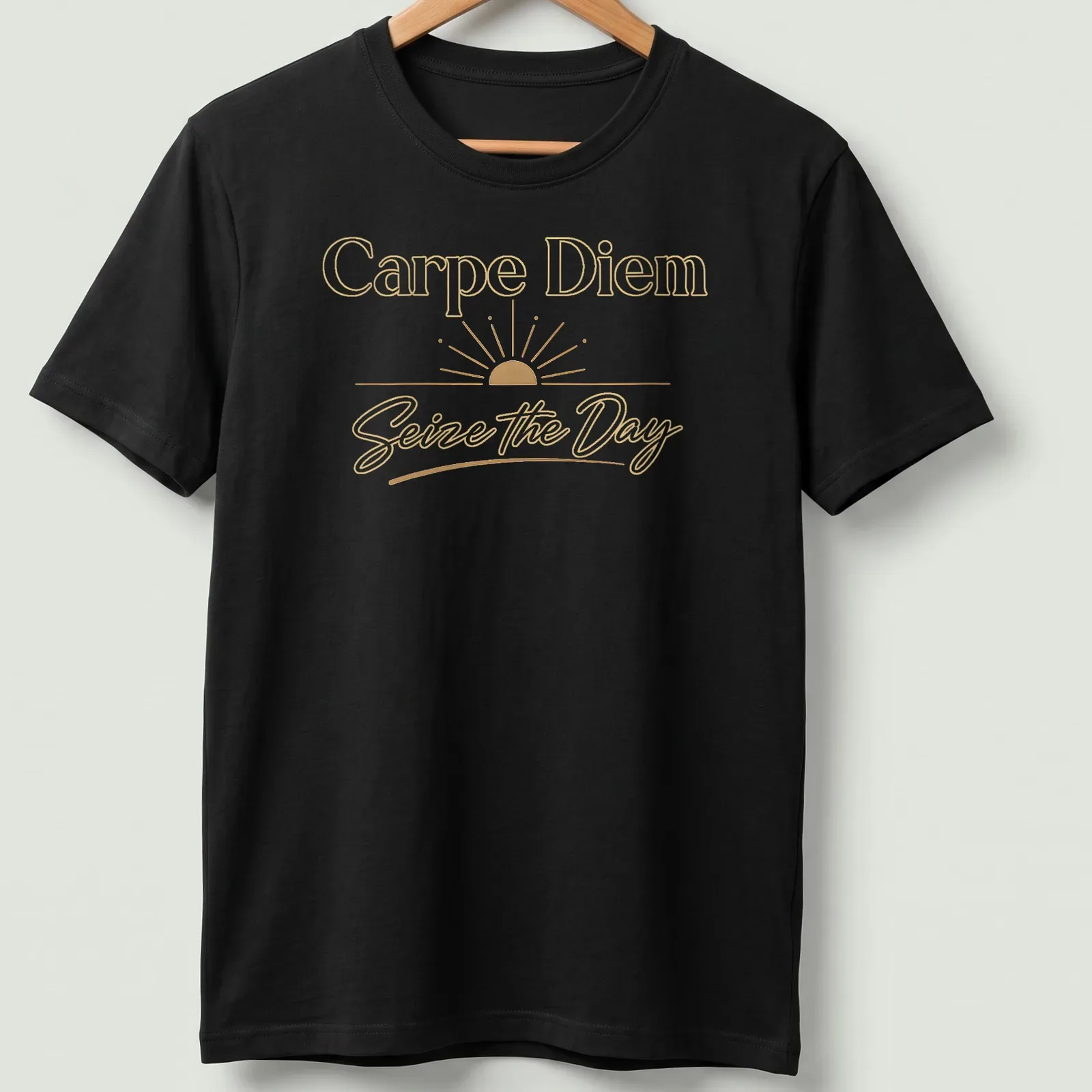 Elegant typography t-shirt with a golden sunrise and motivational text — printed on a unisex t-shirt