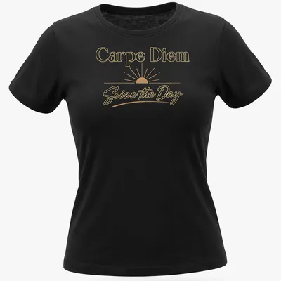 Elegant typography t-shirt with a golden sunrise and motivational text — printed on a women's shirt