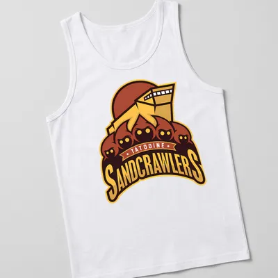 Bold graphic t-shirt featuring Tatooine Sandcrawlers in yellow, brown, and red — printed on a tank top