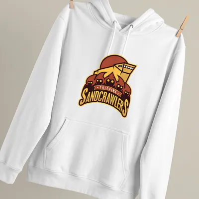Bold graphic t-shirt featuring Tatooine Sandcrawlers in yellow, brown, and red — printed on a unisex hoodie