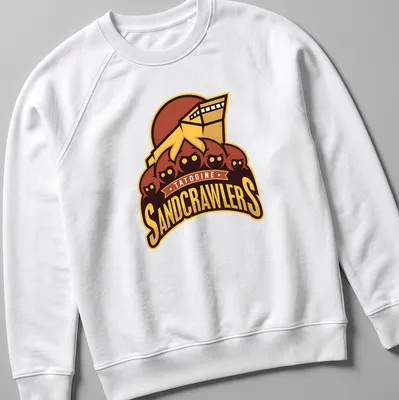 Bold graphic t-shirt featuring Tatooine Sandcrawlers in yellow, brown, and red — printed on a unisex sweatshirt