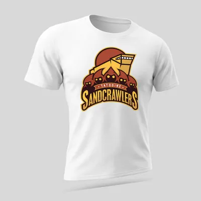 Bold graphic t-shirt featuring Tatooine Sandcrawlers in yellow, brown, and red — printed on a unisex t-shirt (angled view)