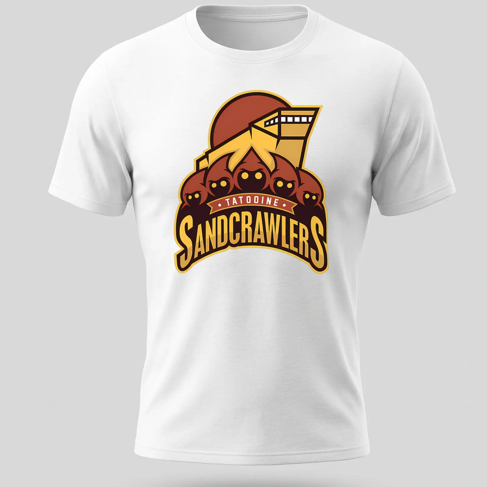 Bold graphic t-shirt featuring Tatooine Sandcrawlers in yellow, brown, and red — printed on a unisex t-shirt