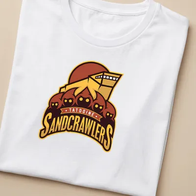 Bold graphic t-shirt featuring Tatooine Sandcrawlers in yellow, brown, and red — printed on a women's shirt