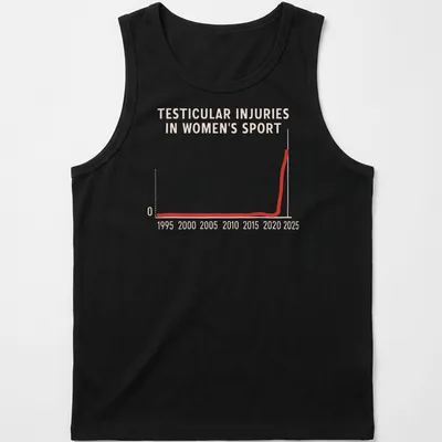 Vintage tee displaying a humorous graph about testicular injuries in women's sport — printed on a tank top