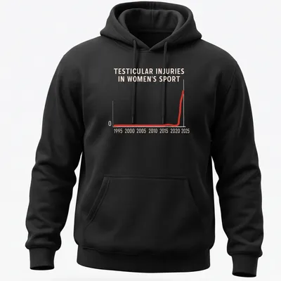 Vintage tee displaying a humorous graph about testicular injuries in women's sport — printed on a unisex hoodie