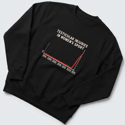 Vintage tee displaying a humorous graph about testicular injuries in women's sport — printed on a unisex sweatshirt