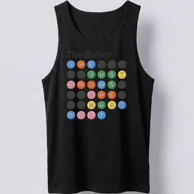 Playful cartoon shirt with colorful circular text about bolting and escaping — printed on a tank top