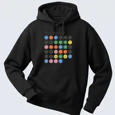 Playful cartoon shirt with colorful circular text about bolting and escaping — printed on a unisex hoodie