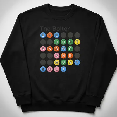 Playful cartoon shirt with colorful circular text about bolting and escaping — printed on a unisex sweatshirt