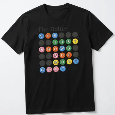 Playful cartoon shirt with colorful circular text about bolting and escaping