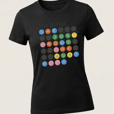 Playful cartoon shirt with colorful circular text about bolting and escaping — printed on a women's shirt