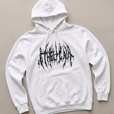 Distressed black A T H E L A I N band logo on — printed on a unisex hoodie