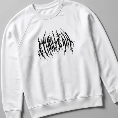 Distressed black A T H E L A I N band logo on — printed on a unisex sweatshirt