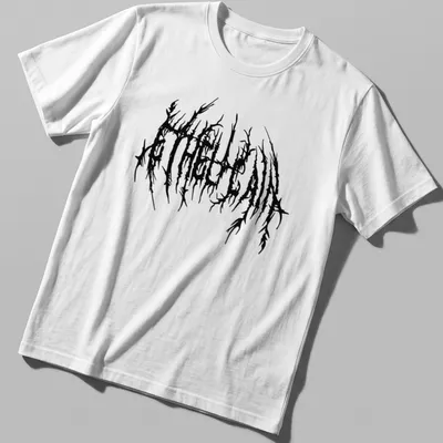 Distressed black A T H E L A I N band logo on T-shirt