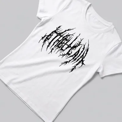 Distressed black A T H E L A I N band logo on — printed on a women's shirt