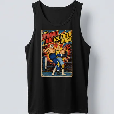 Vintage comic style t-shirt featuring a wrestling showdown between Dynamite Kid and Tiger Mask — printed on a tank top