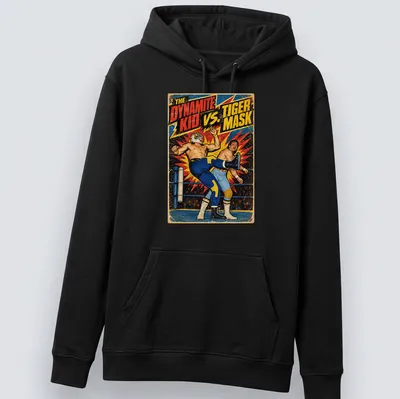 Vintage comic style t-shirt featuring a wrestling showdown between Dynamite Kid and Tiger Mask — printed on a unisex hoodie