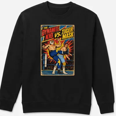 Vintage comic style t-shirt featuring a wrestling showdown between Dynamite Kid and Tiger Mask — printed on a unisex sweatshirt