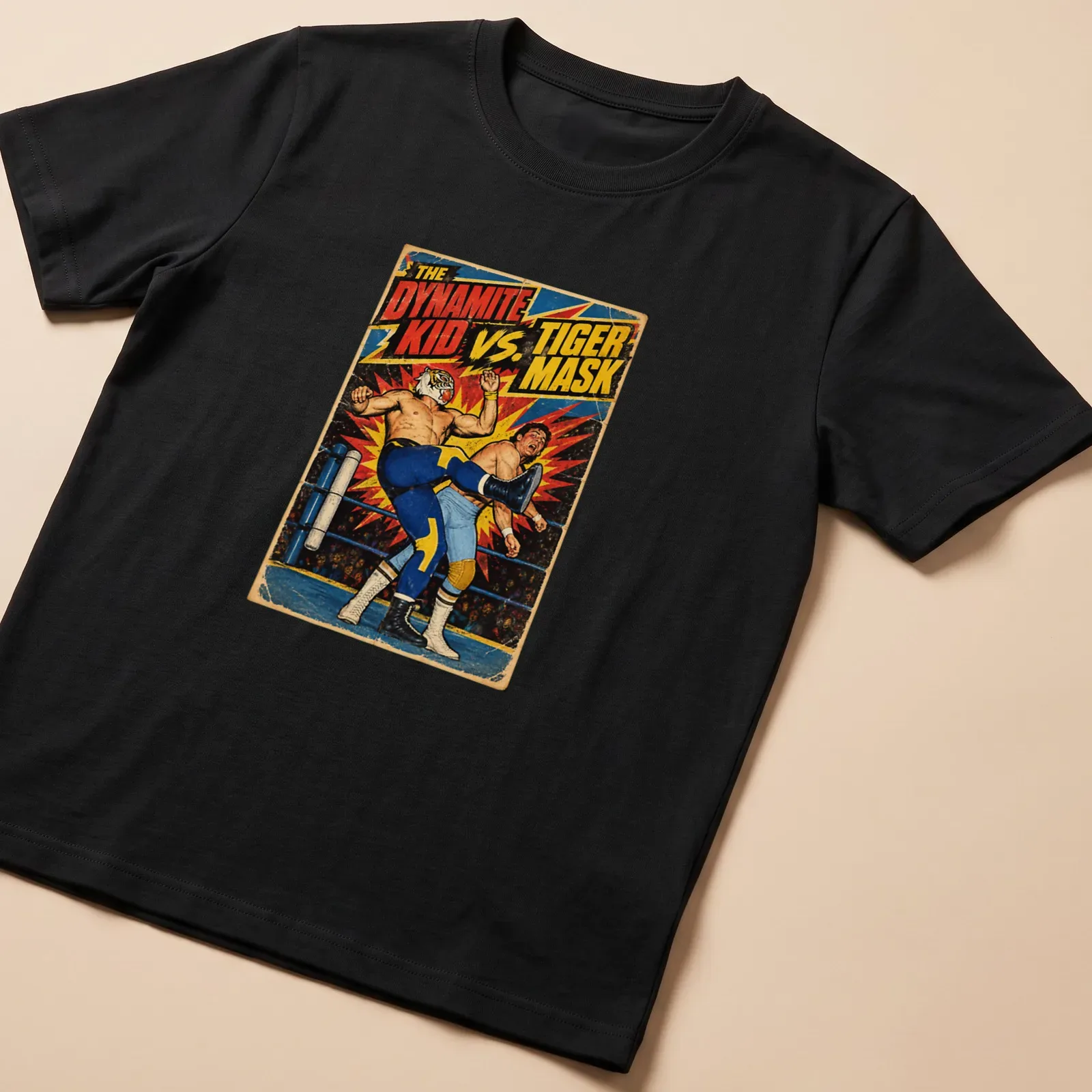 Vintage comic style t-shirt featuring a wrestling showdown between Dynamite Kid and Tiger Mask — printed on a unisex t-shirt