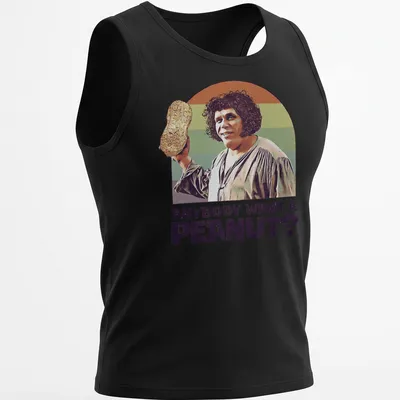 Vintage illustration of a character holding a peanut with playful text. — printed on a tank top