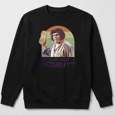Vintage illustration of a character holding a peanut with playful text. — printed on a unisex sweatshirt