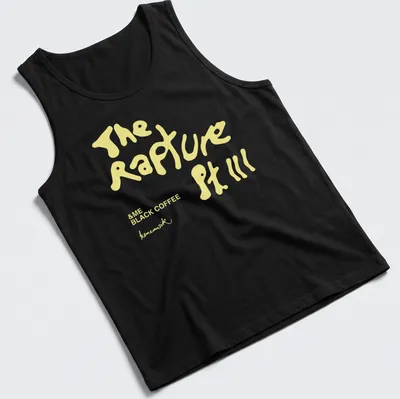 Playful black coffee-themed t-shirt with handwritten style text in yellow and white — printed on a tank top