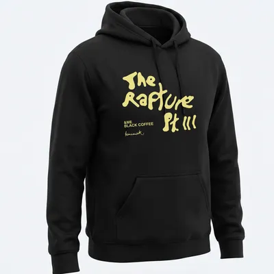 Playful black coffee-themed t-shirt with handwritten style text in yellow and white — printed on a unisex hoodie