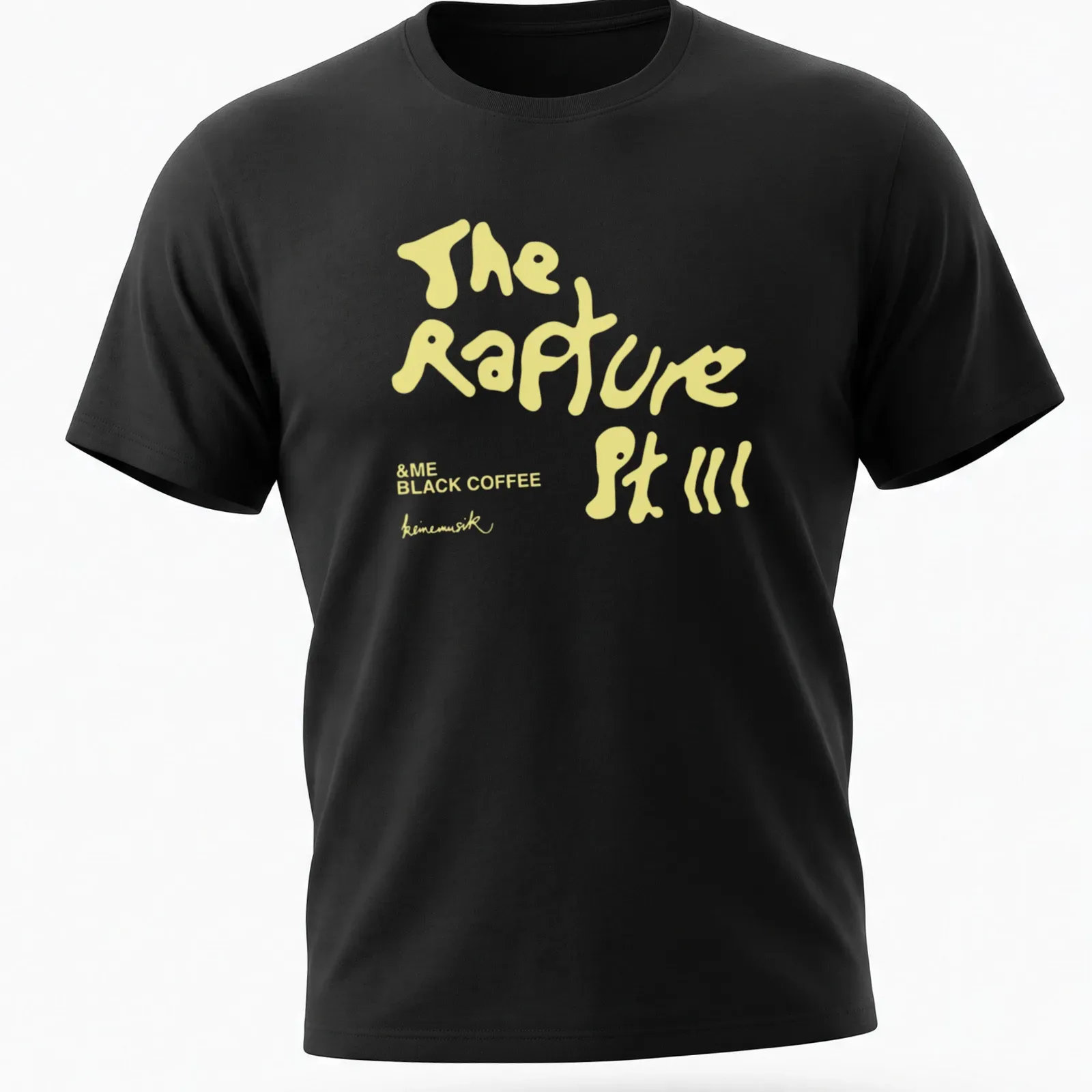 Playful black coffee-themed t-shirt with handwritten style text in yellow and white — printed on a unisex t-shirt
