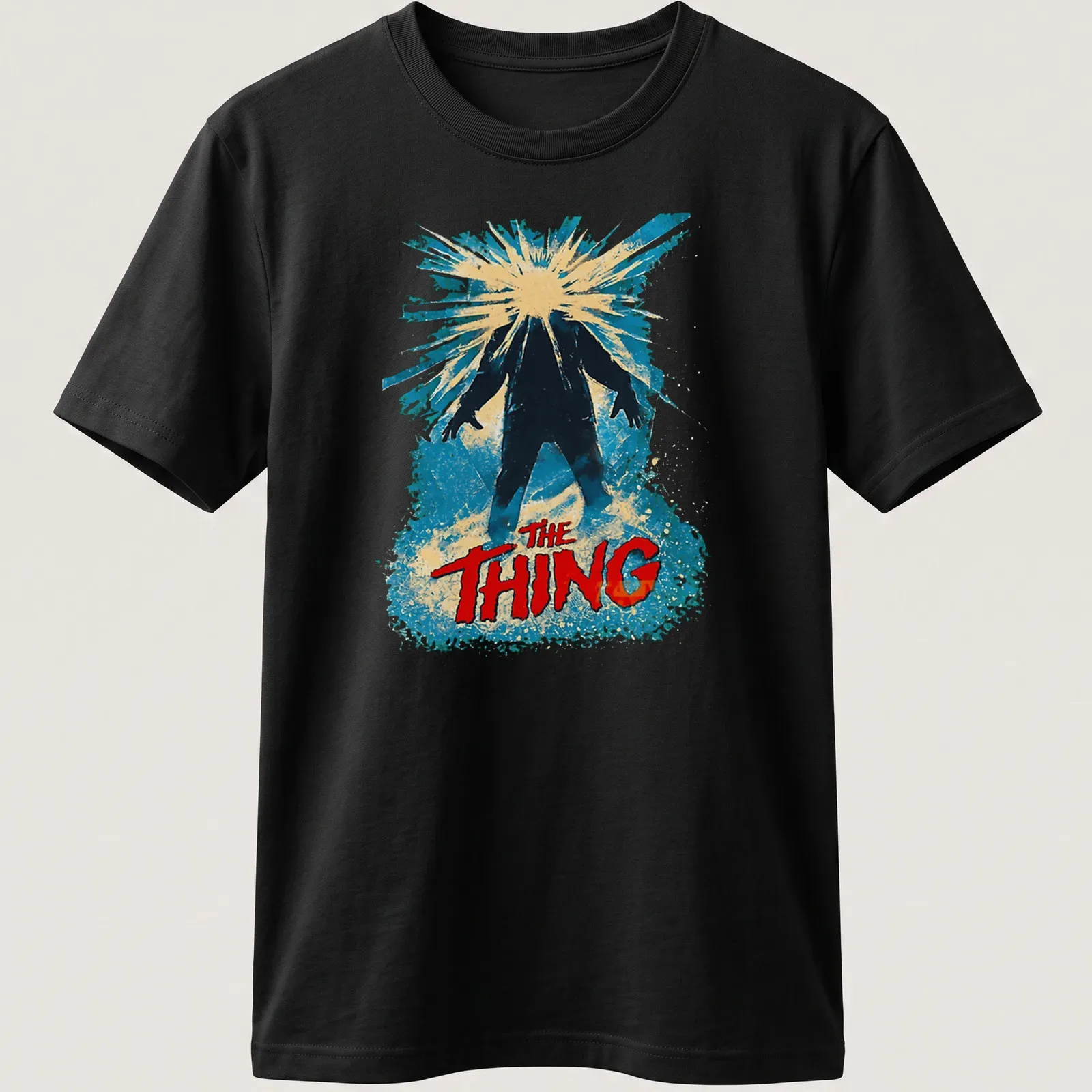 Retro design featuring The Thing title in bold colors and style — printed on a unisex t-shirt