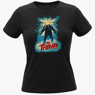 Retro design featuring The Thing title in bold colors and style — printed on a women's shirt