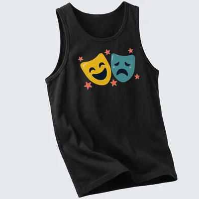 Colorful illustration of comedy and tragedy theater masks with stars — printed on a tank top