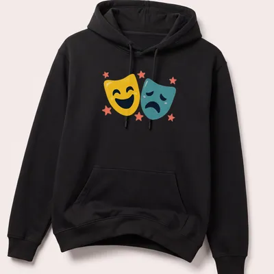 Colorful illustration of comedy and tragedy theater masks with stars — printed on a unisex hoodie