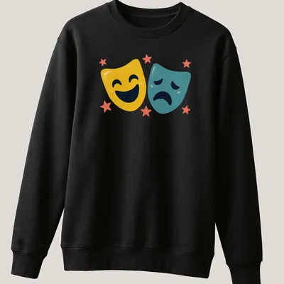 Colorful illustration of comedy and tragedy theater masks with stars — printed on a unisex sweatshirt