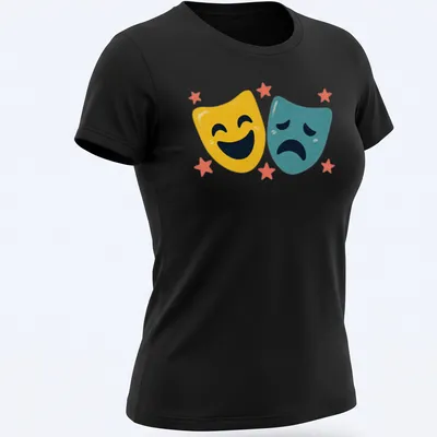 Colorful illustration of comedy and tragedy theater masks with stars — printed on a women's shirt
