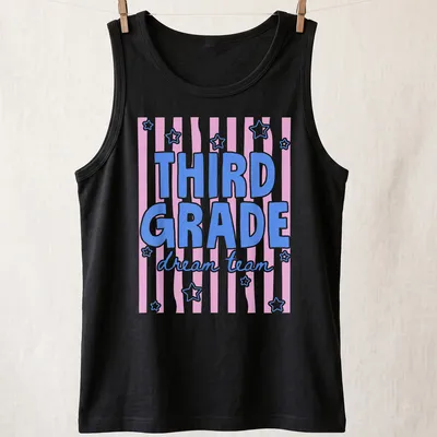 Retro T-shirt with text Third Grade dream team in pink, blue, and white. — printed on a tank top