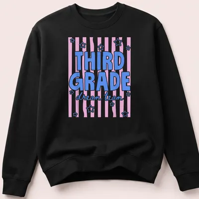 Retro T-shirt with text Third Grade dream team in pink, blue, and white. — printed on a unisex sweatshirt