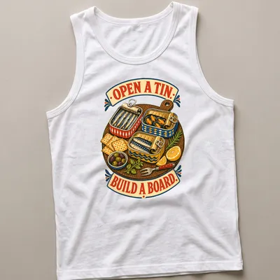 Vintage illustration of tinned fish and seafood with playful text on a — printed on a tank top
