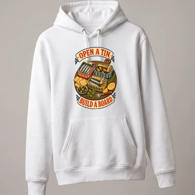 Vintage illustration of tinned fish and seafood with playful text on a — printed on a unisex hoodie