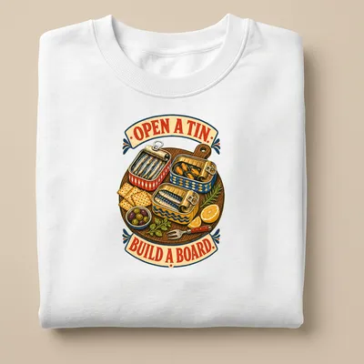 Vintage illustration of tinned fish and seafood with playful text on a — printed on a unisex sweatshirt