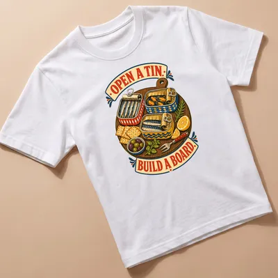 Vintage illustration of tinned fish and seafood with playful text on a t-shirt