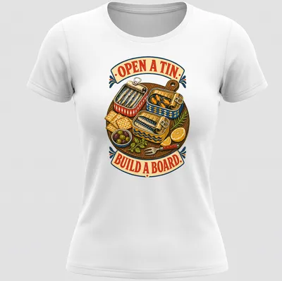 Vintage illustration of tinned fish and seafood with playful text on a — printed on a women's shirt